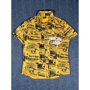 Sniper Gang Miami Herald Newspaper Print Button Down Shirt Yellow Mens Small